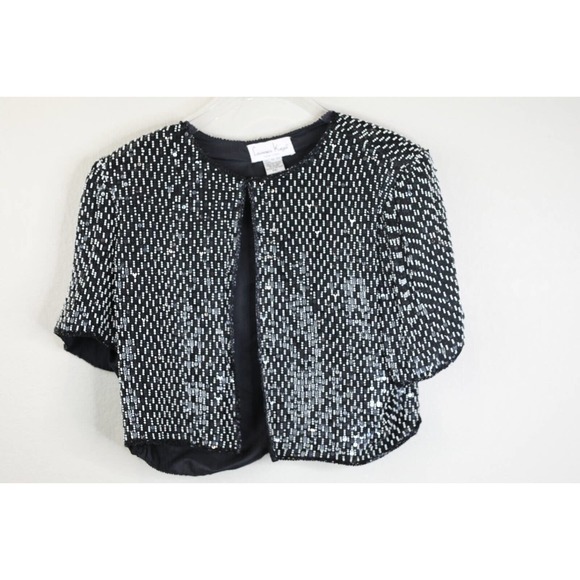 Laurence Kazar Womens Sequins‎ Beaded Evening Jacket PXL Black Short Sleeve Y2K - Picture 1 of 10